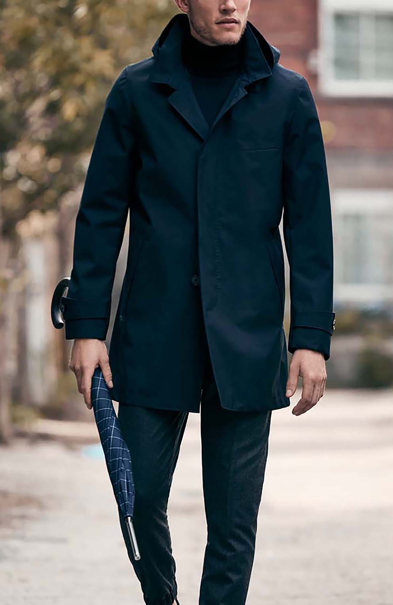 Malone Navy Wool Hooded Raincoat