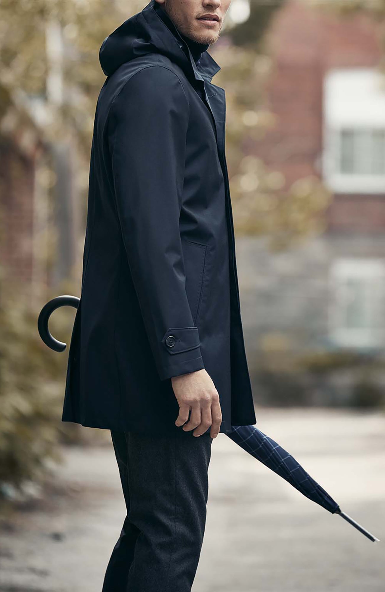 Malone Navy Wool Hooded Raincoat