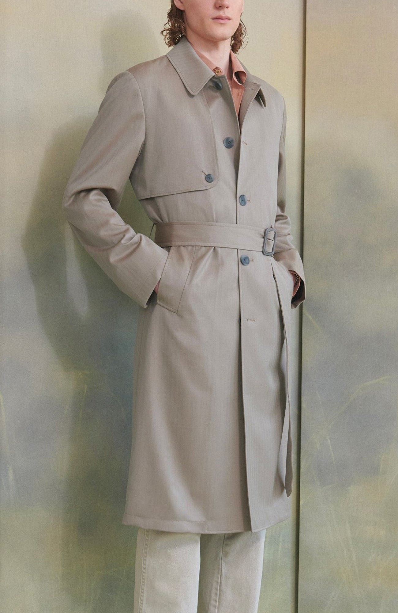 MAN RAY KHAKI HERRINGBONE SINGLE BREAST TRENCH COAT